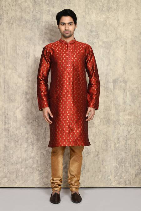 Shop_Arihant Rai Sinha_Red Silk, Chanderi Embroidery Straight Kurta And Churidar Set _Online_at_Aza_Fashions