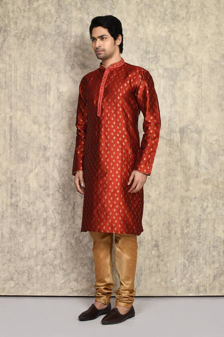 Arihant Rai Sinha_Red Silk, Chanderi Embroidery Straight Kurta And Churidar Set _at_Aza_Fashions