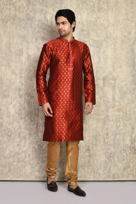 Buy_Arihant Rai Sinha_Red Silk, Chanderi Embroidery Straight Kurta And Churidar Set 