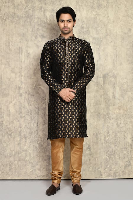Arihant Rai Sinha Black , Chanderi Embroidery Woven Straight Kurta And Churidar Set 
