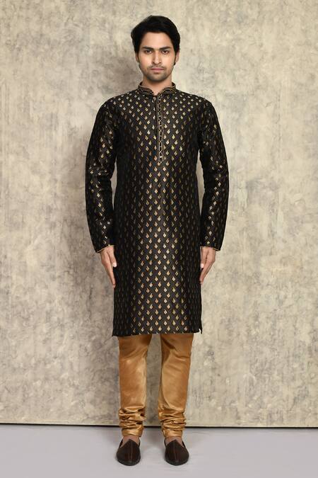 Buy_Arihant Rai Sinha_Black , Chanderi Embroidery Woven Straight Kurta And Churidar Set _Online_at_Aza_Fashions
