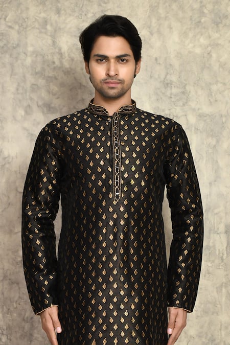 Shop Arihant Rai Sinha Black , Chanderi Embroidery Woven Straight Kurta And Churidar Set Online at Aza Fashions Shop_Arihant Rai Sinha_Black , Chanderi Embroidery Woven Straight Kurta And Churidar Set _Online_at_Aza_Fashions