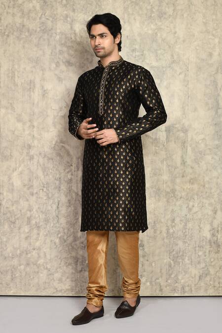 Arihant Rai Sinha_Black , Chanderi Embroidery Woven Straight Kurta And Churidar Set _at_Aza_Fashions