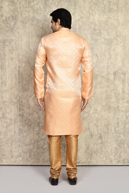 Shop_Arihant Rai Sinha_Orange Silk Embroidery Geometric Pattern Woven Kurta And Churidar Set _at_Aza_Fashions