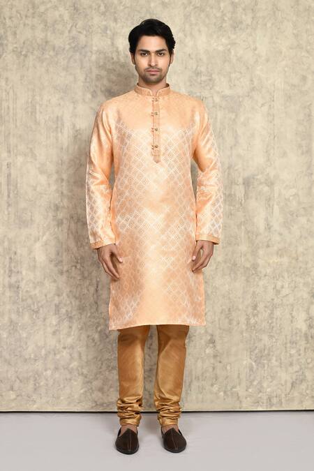 Buy_Arihant Rai Sinha_Orange Silk Embroidery Geometric Pattern Woven Kurta And Churidar Set _Online_at_Aza_Fashions