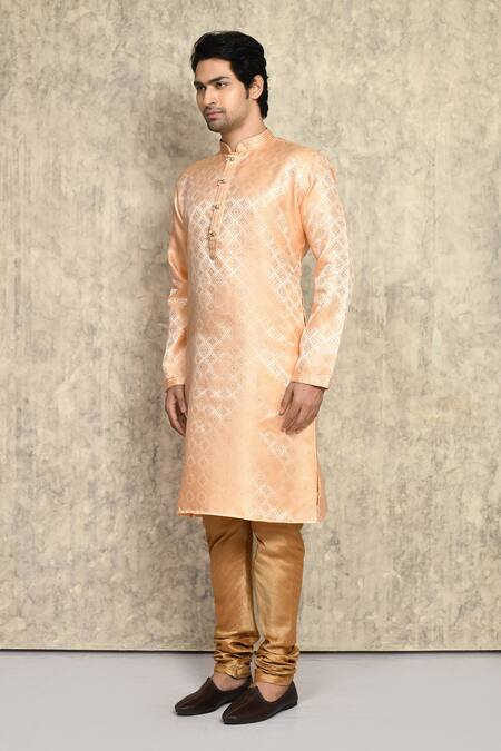 Shop_Arihant Rai Sinha_Orange Silk Embroidery Geometric Pattern Woven Kurta And Churidar Set _Online_at_Aza_Fashions