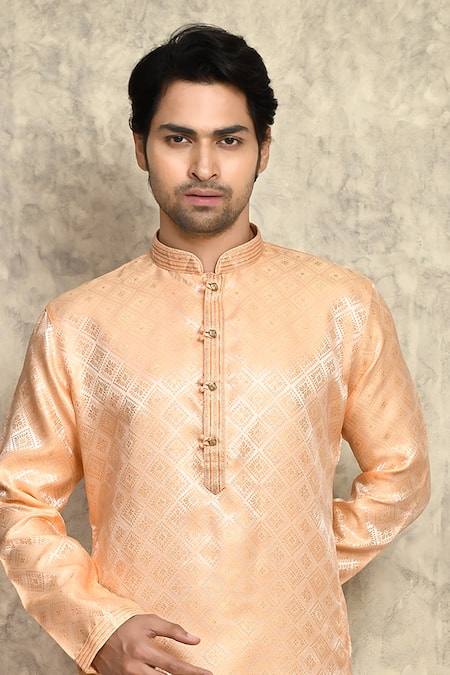 Arihant Rai Sinha_Orange Silk Embroidery Geometric Pattern Woven Kurta And Churidar Set _at_Aza_Fashions