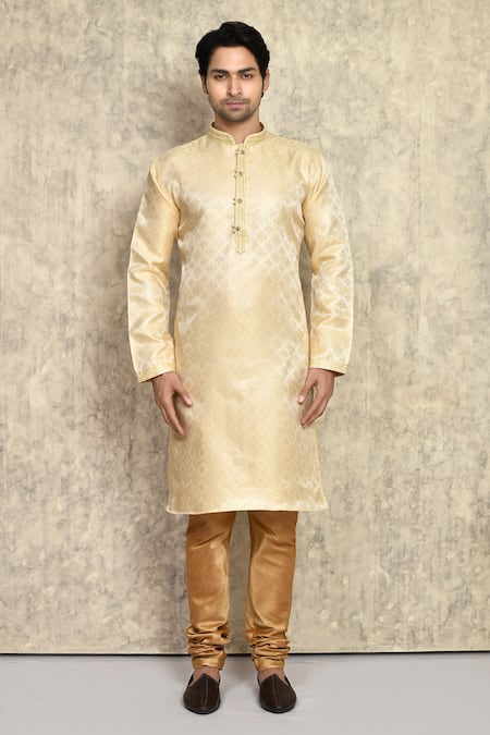 Buy_Arihant Rai Sinha_Gold , Chanderi Embroidery Geometric Pattern Kurta And Churidar Set _Online_at_Aza_Fashions