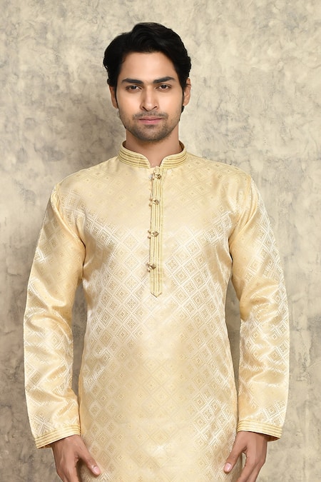 Shop_Arihant Rai Sinha_Gold , Chanderi Embroidery Geometric Pattern Kurta And Churidar Set _Online_at_Aza_Fashions