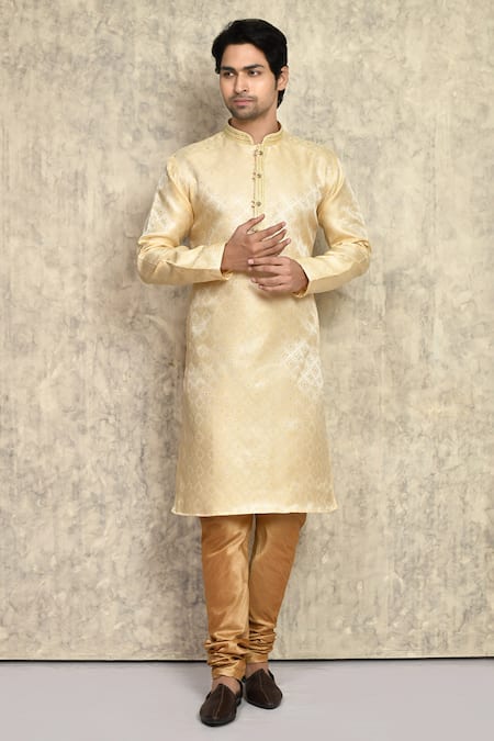Arihant Rai Sinha_Gold , Chanderi Embroidery Geometric Pattern Kurta And Churidar Set _at_Aza_Fashions