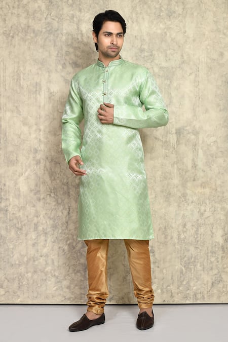 Arihant Rai Sinha Green Silk, , Geometric Pattern Straight Kurta And Churidar Set 