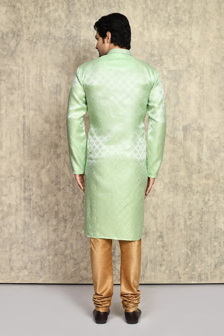 Shop_Arihant Rai Sinha_Green Silk, , Geometric Pattern Straight Kurta And Churidar Set _at_Aza_Fashions