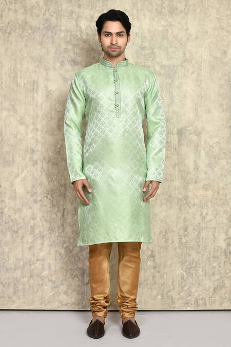 Buy_Arihant Rai Sinha_Green Silk, , Geometric Pattern Straight Kurta And Churidar Set _Online_at_Aza_Fashions