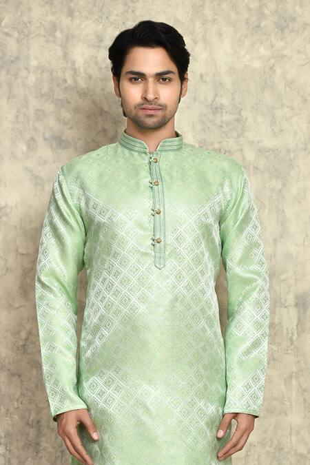 Shop_Arihant Rai Sinha_Green Silk, , Geometric Pattern Straight Kurta And Churidar Set _Online_at_Aza_Fashions