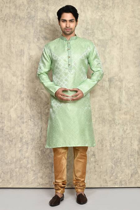 Arihant Rai Sinha_Green Silk, , Geometric Pattern Straight Kurta And Churidar Set _at_Aza_Fashions