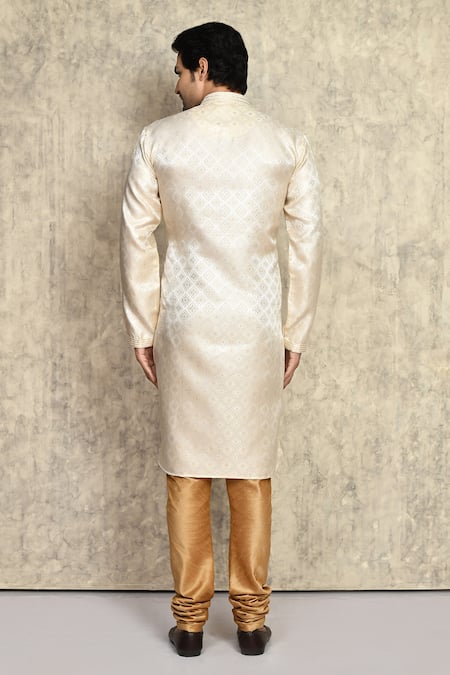 Shop_Arihant Rai Sinha_Cream Silk, Chanderi Geometric Pattern Straight Woven Kurta And Churidar Set _at_Aza_Fashions