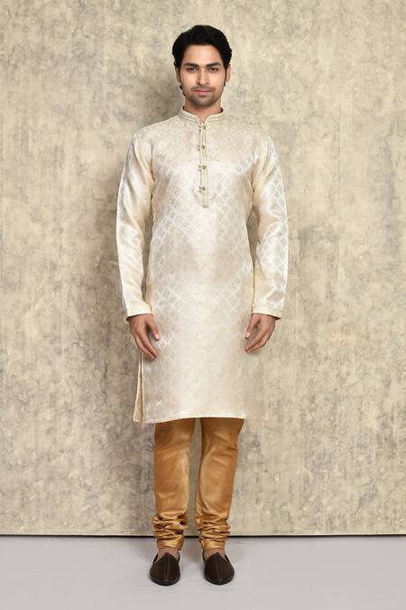 Buy_Arihant Rai Sinha_Cream Silk, Chanderi Geometric Pattern Straight Woven Kurta And Churidar Set _Online_at_Aza_Fashions