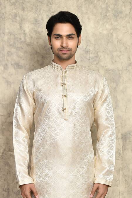 Shop_Arihant Rai Sinha_Cream Silk, Chanderi Geometric Pattern Straight Woven Kurta And Churidar Set _Online_at_Aza_Fashions