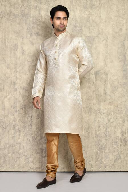 Arihant Rai Sinha_Cream Silk, Chanderi Geometric Pattern Straight Woven Kurta And Churidar Set _at_Aza_Fashions