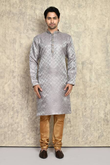 Buy_Arihant Rai Sinha_Grey Silk Embroidery Woven Straight Kurta With Churidar _Online_at_Aza_Fashions