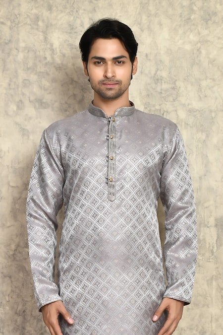 Shop_Arihant Rai Sinha_Grey Silk Embroidery Woven Straight Kurta With Churidar _Online_at_Aza_Fashions