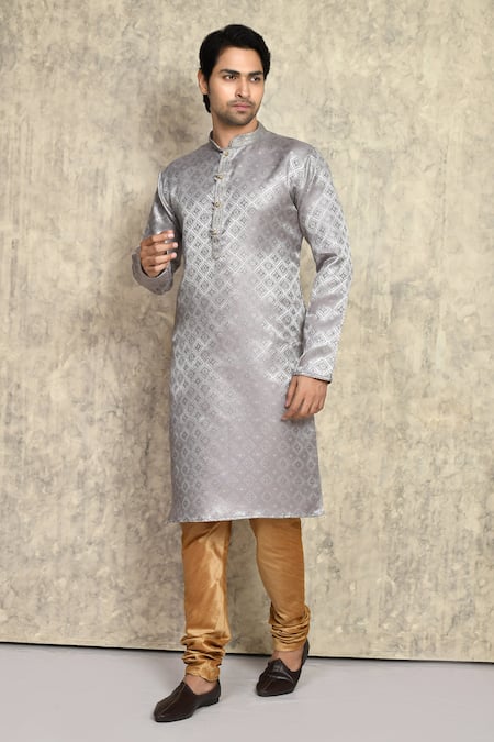 Arihant Rai Sinha_Grey Silk Embroidery Woven Straight Kurta With Churidar _at_Aza_Fashions