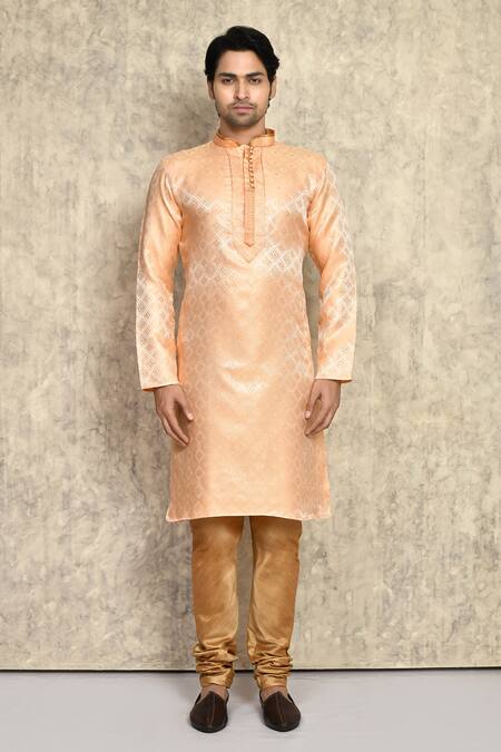 Buy_Arihant Rai Sinha_Orange Silk Embroidery Geometric Pattern Straight Woven Kurta And Churidar Set_Online_at_Aza_Fashions