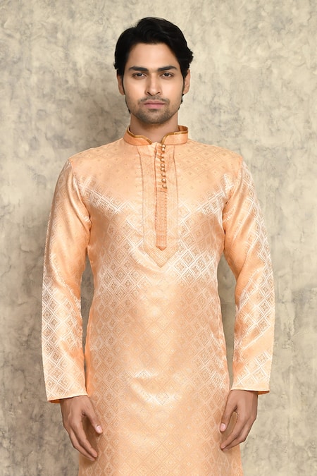 Shop_Arihant Rai Sinha_Orange Silk Embroidery Geometric Pattern Straight Woven Kurta And Churidar Set_Online_at_Aza_Fashions