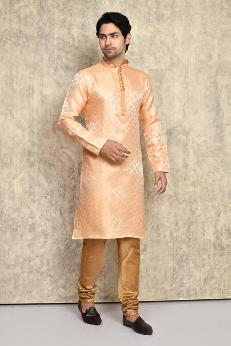Arihant Rai Sinha_Orange Silk Embroidery Geometric Pattern Straight Woven Kurta And Churidar Set_at_Aza_Fashions
