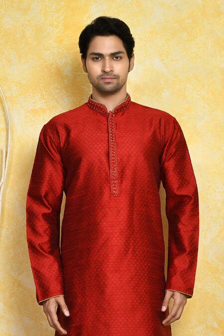 Shop Arihant Rai Sinha Red , Chanderi Embroidery Placket Kurta And Churidar Set Online at Aza Fashions Shop_Arihant Rai Sinha_Red , Chanderi Embroidery Placket Kurta And Churidar Set_Online_at_Aza_Fashions