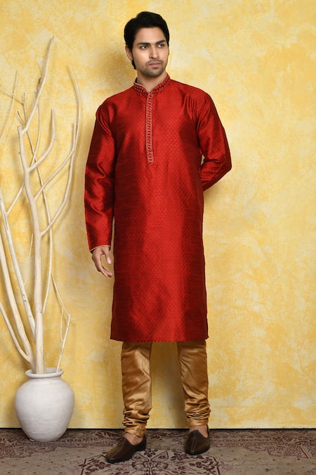 Arihant Rai Sinha_Red , Chanderi Embroidery Placket Kurta And Churidar Set_at_Aza_Fashions