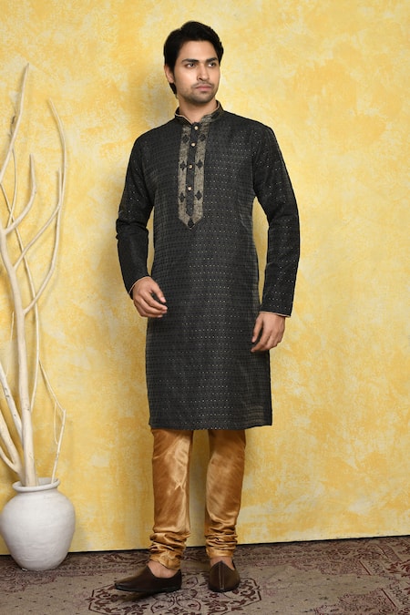 Arihant Rai Sinha Black , Chanderi Embroidery Woven Straight Kurta And Churidar Set 