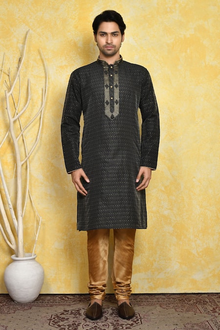 Buy_Arihant Rai Sinha_Black , Chanderi Embroidery Woven Straight Kurta And Churidar Set _Online_at_Aza_Fashions