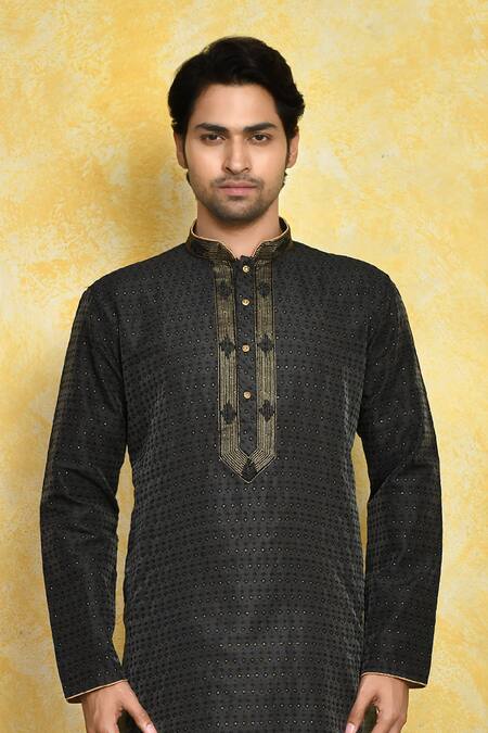 Shop_Arihant Rai Sinha_Black , Chanderi Embroidery Woven Straight Kurta And Churidar Set _Online_at_Aza_Fashions