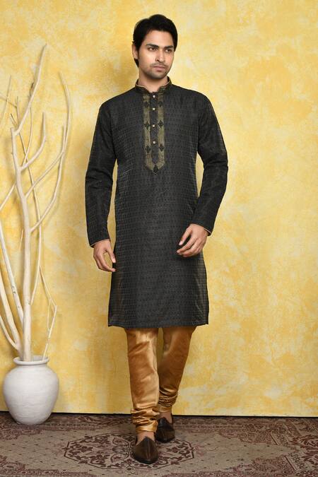 Arihant Rai Sinha_Black , Chanderi Embroidery Woven Straight Kurta And Churidar Set _at_Aza_Fashions