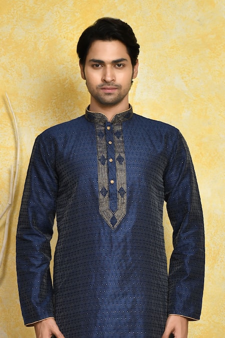 Shop_Arihant Rai Sinha_Blue Silk Embroidery Woven Placket Kurta And Churidar Set _Online_at_Aza_Fashions