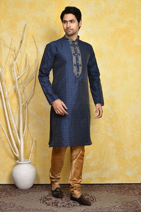 Arihant Rai Sinha_Blue Silk Embroidery Woven Placket Kurta And Churidar Set _at_Aza_Fashions
