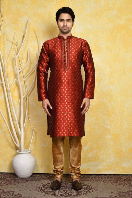 Buy_Arihant Rai Sinha_Red Silk Embroidery Geometric Pattern Woven Kurta With Churidar _Online_at_Aza_Fashions