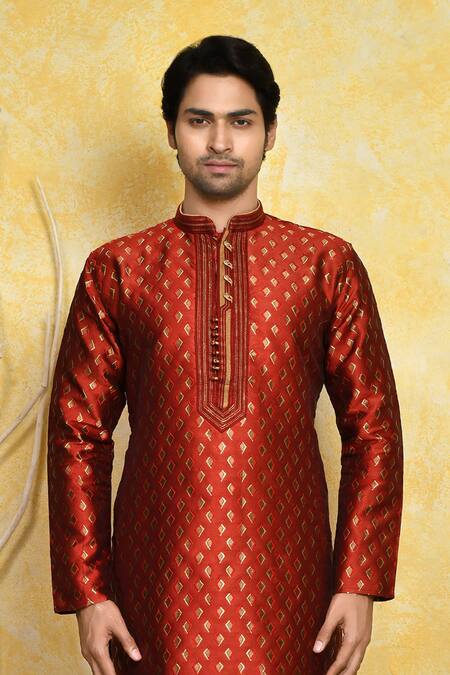 Shop_Arihant Rai Sinha_Red Silk Embroidery Geometric Pattern Woven Kurta With Churidar _Online_at_Aza_Fashions