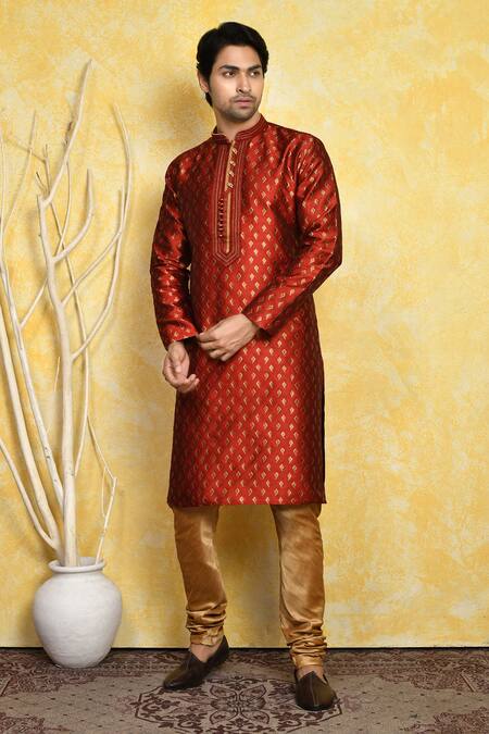 Arihant Rai Sinha_Red Silk Embroidery Geometric Pattern Woven Kurta With Churidar _at_Aza_Fashions