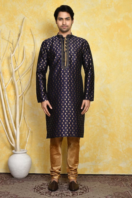 Buy_Arihant Rai Sinha_Blue Silk Embroidery Geometric Pattern Kurta And Churidar Set _Online_at_Aza_Fashions