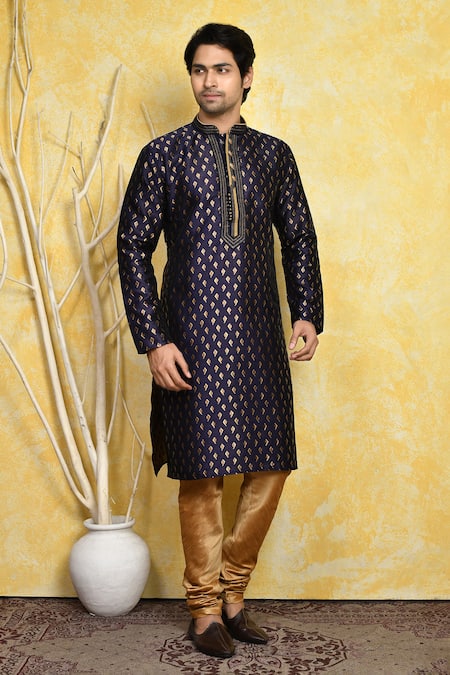 Arihant Rai Sinha_Blue Silk Embroidery Geometric Pattern Kurta And Churidar Set _at_Aza_Fashions