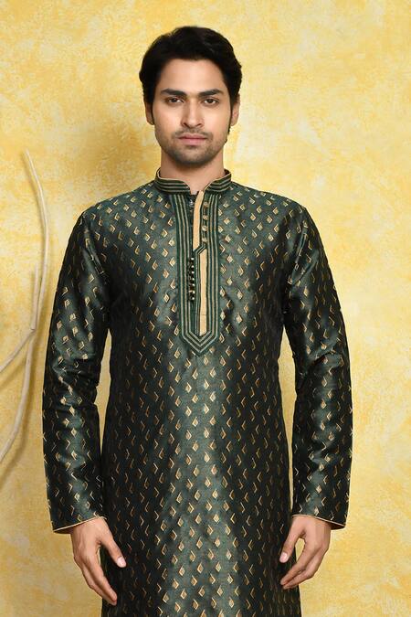 Shop Arihant Rai Sinha Green Silk Embroidery Woven Geometric Pattern Kurta And Churidar Set Online at Aza Fashions Shop_Arihant Rai Sinha_Green Silk Embroidery Woven Geometric Pattern Kurta And Churidar Set_Online_at_Aza_Fashions