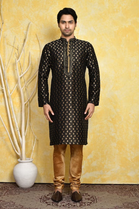 Buy_Arihant Rai Sinha_Black Silk, Chanderi Embroidery Woven Placket Kurta And Churidar Set _Online_at_Aza_Fashions