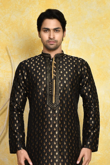 Shop_Arihant Rai Sinha_Black Silk, Chanderi Embroidery Woven Placket Kurta And Churidar Set _Online_at_Aza_Fashions