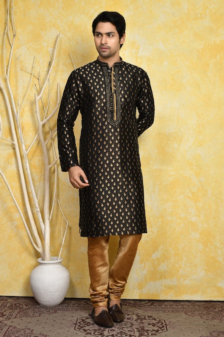 Arihant Rai Sinha_Black Silk, Chanderi Embroidery Woven Placket Kurta And Churidar Set _at_Aza_Fashions