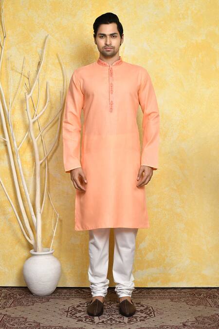 Buy_Arihant Rai Sinha_Orange , Satin Embroidery Placket Kurta And Churidar Set_Online_at_Aza_Fashions