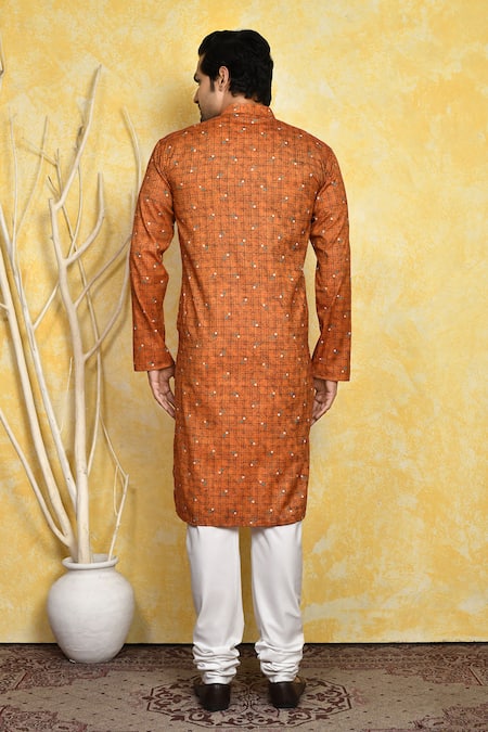 Shop_Arihant Rai Sinha_Brown , Satin Checkered Print Kurta Set _at_Aza_Fashions