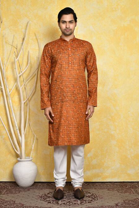 Buy_Arihant Rai Sinha_Brown , Satin Checkered Print Kurta Set _Online_at_Aza_Fashions
