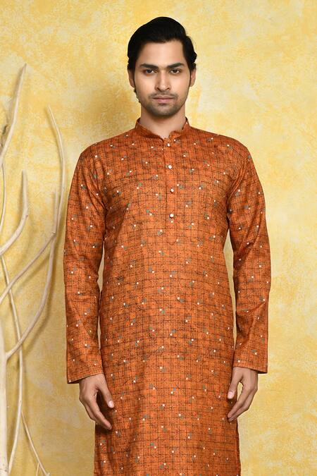 Shop Arihant Rai Sinha Brown , Satin Checkered Print Kurta Set Online at Aza Fashions Shop_Arihant Rai Sinha_Brown , Satin Checkered Print Kurta Set _Online_at_Aza_Fashions